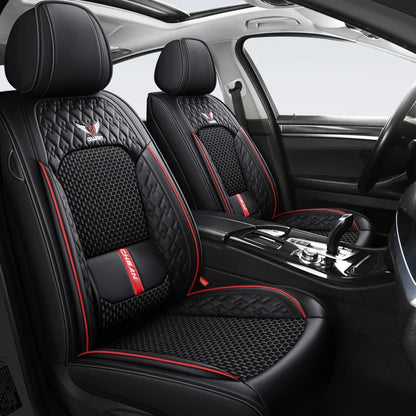 Universal 5-Seat Nappa Leather Car Seat Covers - Four-Season Ice Silk Cushion Set with Fixed Lumbar Support for Most Cars