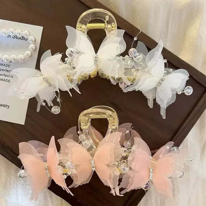 Sheer Butterfly Claw Clip - Pearl Rhinestone Fairycore Hair Accessory