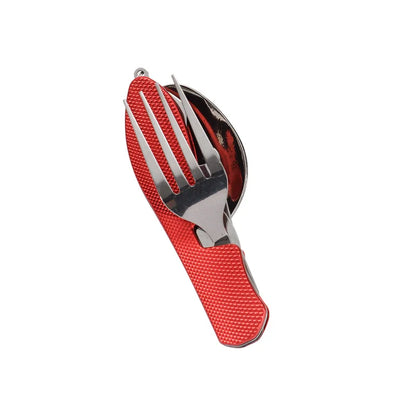 Portable Stainless Steel Camping Cutlery Set – Foldable Spoon, Fork, Knife & Bottle Opener Multitool