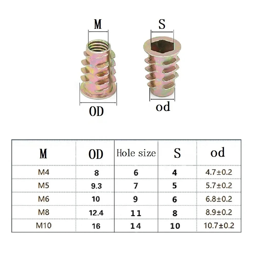 10-50Pcs M4 M5 M6 M8 Zinc Alloy Wood Insert Nuts Flanged Hex Drive Furniture Nuts, Length 8-25mm
