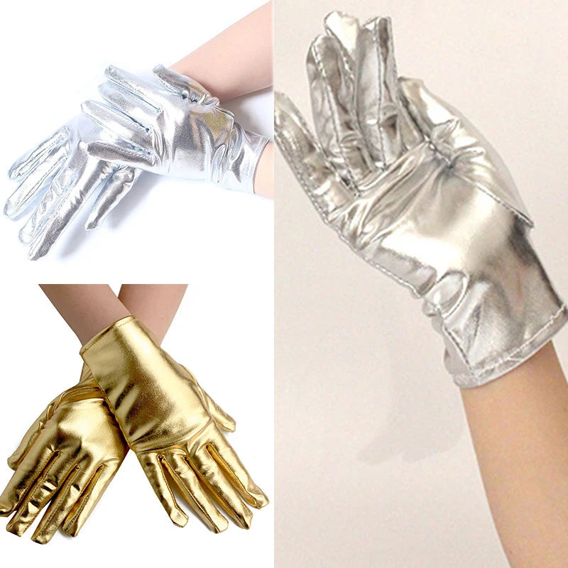 Gold Silver Metallic Faux Leather Short Gloves – Sexy Wet Look Party, Evening & Performance Mittens Handwear