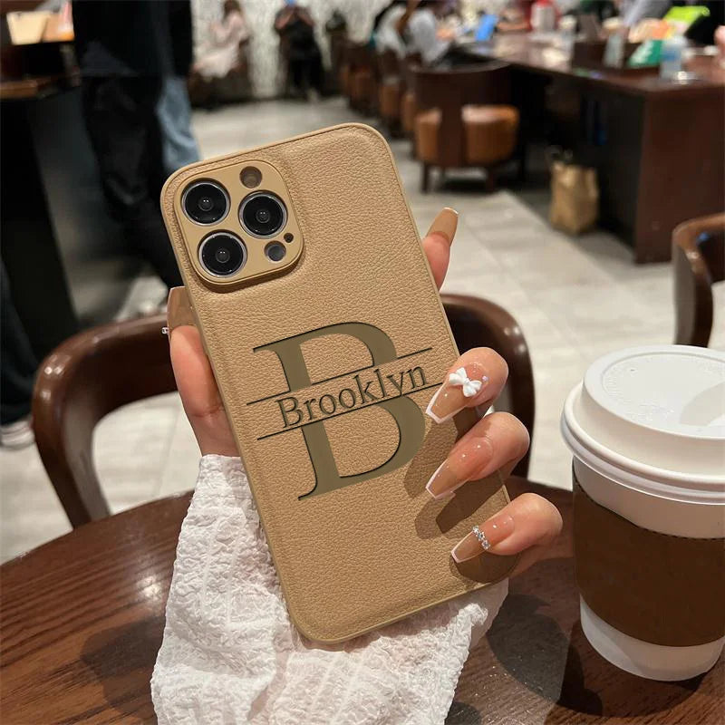 Personalized Custom Initials iPhone Case for 16/15/14/13/12/11 Pro Max Plus – Big Letter Laser Engraved Leather Cover
