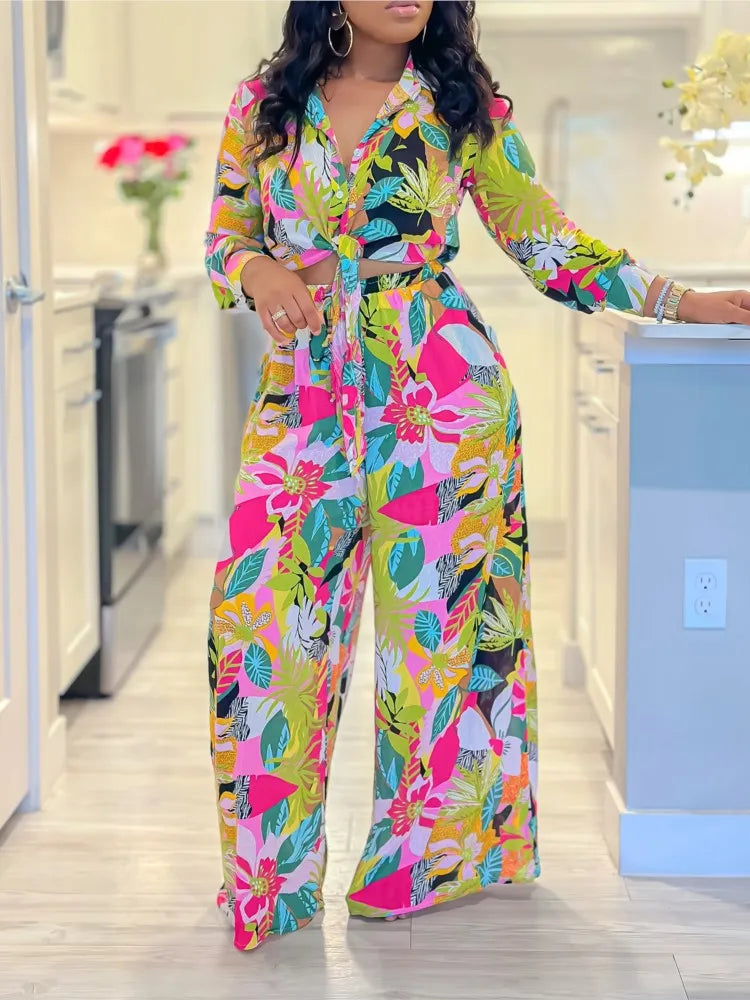 Women’s 2-Piece Spring/Autumn Set – Printed Long Sleeve Lace-Up Shirt & Slim Straight Pants