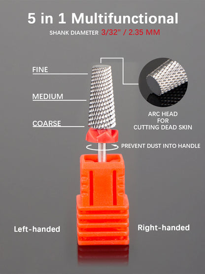 5-in-1 Nail Drill Bits - Tungsten Steel Cross Teeth Manicure File, Acrylic & Hard Gel Nail Polish Remover Drill Bit