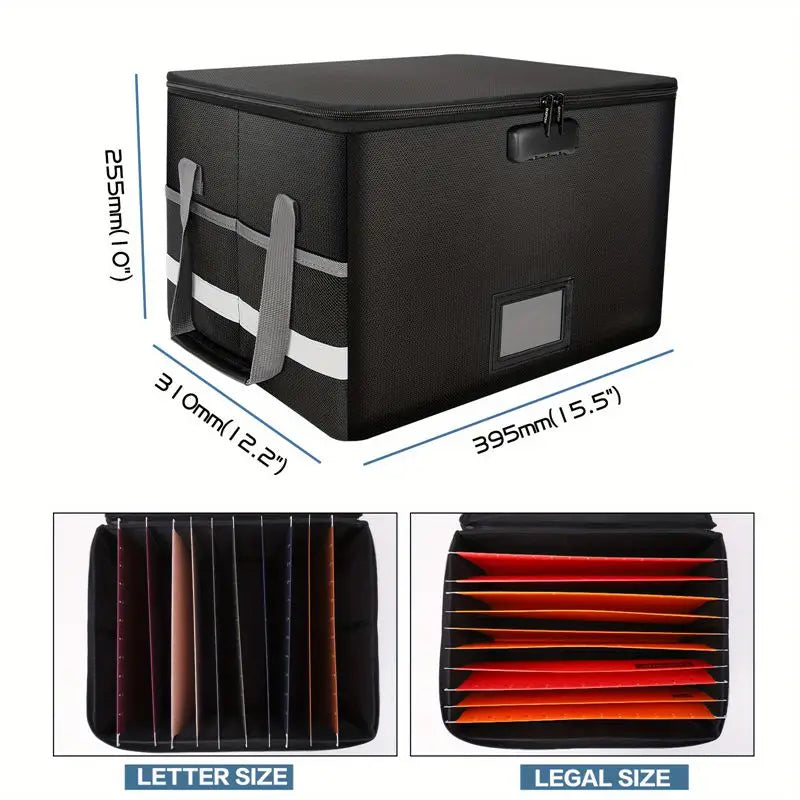 Fireproof Waterproof File Organizer – Large Capacity Black Foldable Storage Box with Handle & Combination Lock