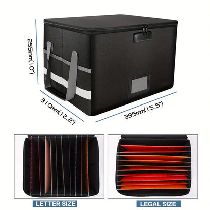 Fireproof Waterproof File Organizer – Large Capacity Black Foldable Storage Box with Handle & Combination Lock