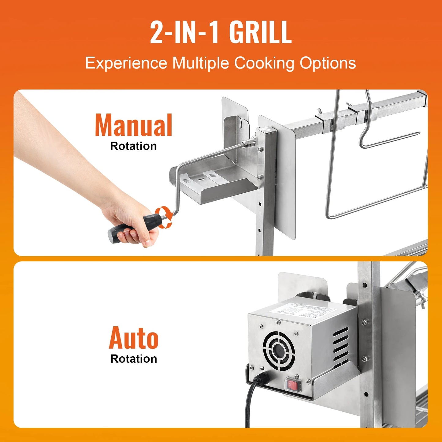 SucceBuy 35-Inch Rotisserie Grill – Electric Motor Charcoal Spit Stainless Steel Roaster with Lockable Wheels for Camping