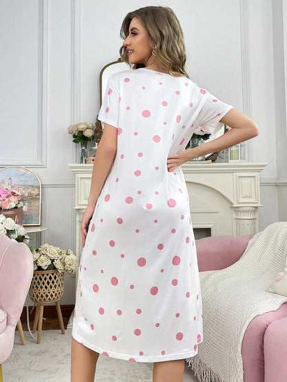 Women's White Cat Print Polka Dot Nightdress with Bow Detail
