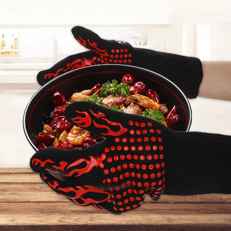 BBQ Gloves - Silicone Heat-Resistant Mitts for Kitchen and Microwave, Fireproof to 800 Degrees, Non-Slip Barbecue Gloves