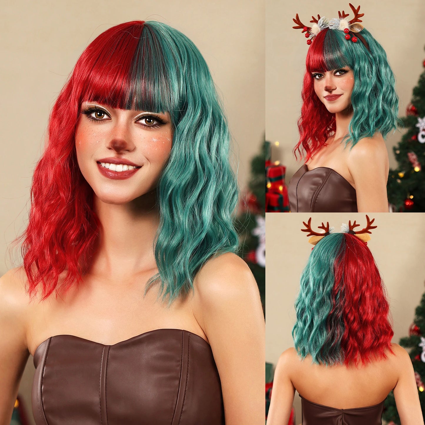 Short Wavy Green Synthetic Wig for Women – Green Cosplay Bob Wig with Bangs, Lolita Party Hair, Heat-Resistant Natural Fake Hair
