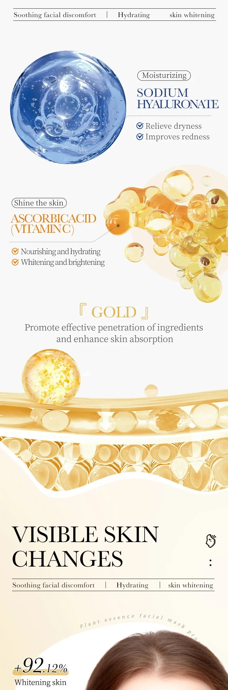 15pcs 24K Gold Hyaluronic Acid Face Mask, Firming, Moisturizing, Anti-Wrinkle, Whitening Skin Care Masks