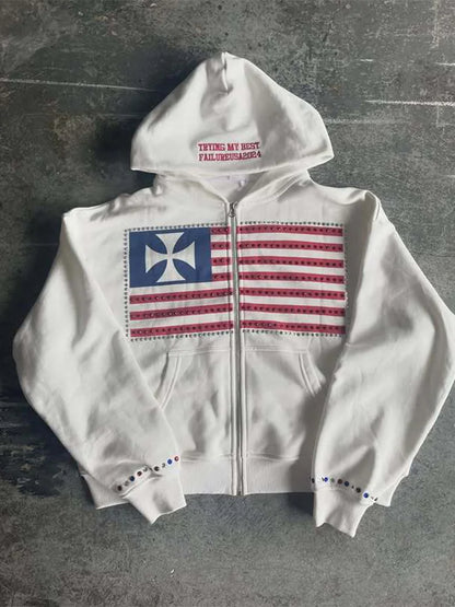 Color Block Flag Hoodie - Men's Y2K Harajuku Loose Fit Zipper Sweatshirt