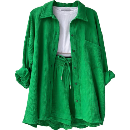 2025 Women’s Summer Two-Piece Set – Solid Color Casual Loose Short Pants & Top Outfit