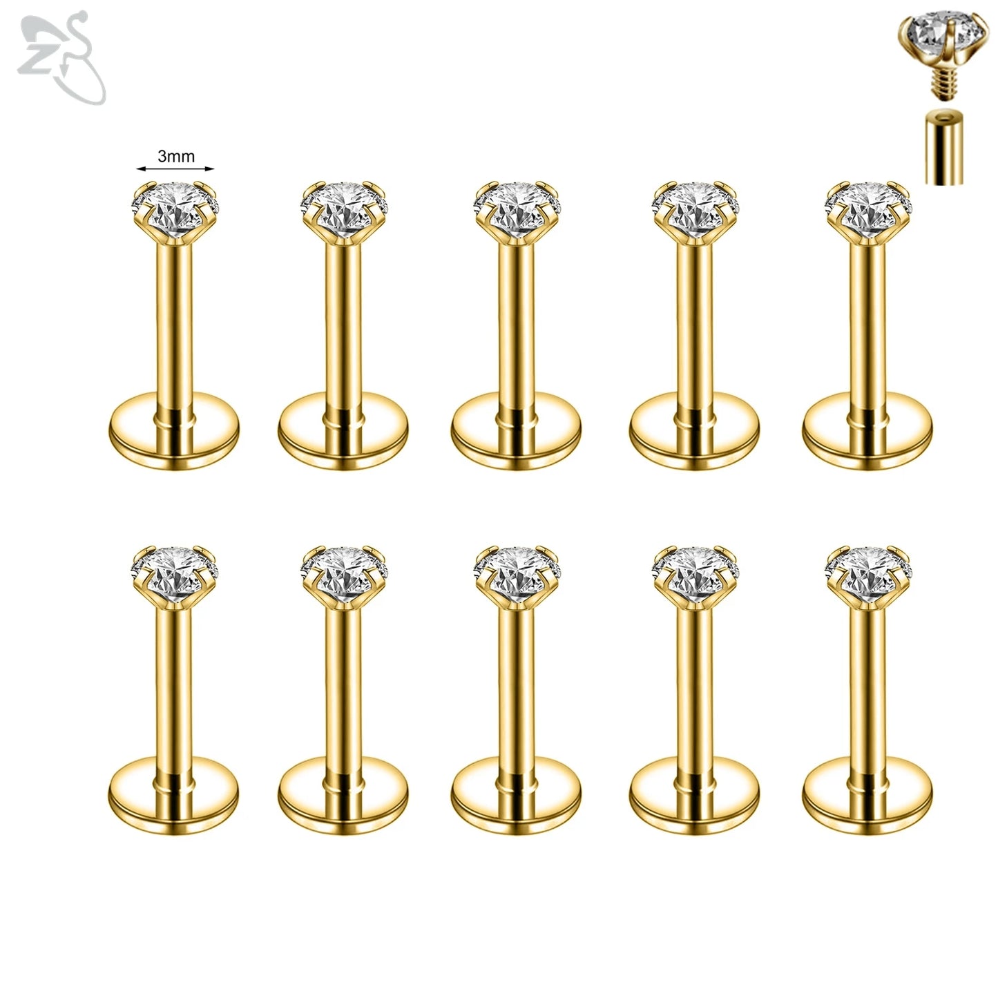 AOEDEJ 10PCS Gold Stainless Steel Labret Lip Studs – 16/18G CZ Crystal Helix, Cartilage & Tragus Piercings (2–6mm)