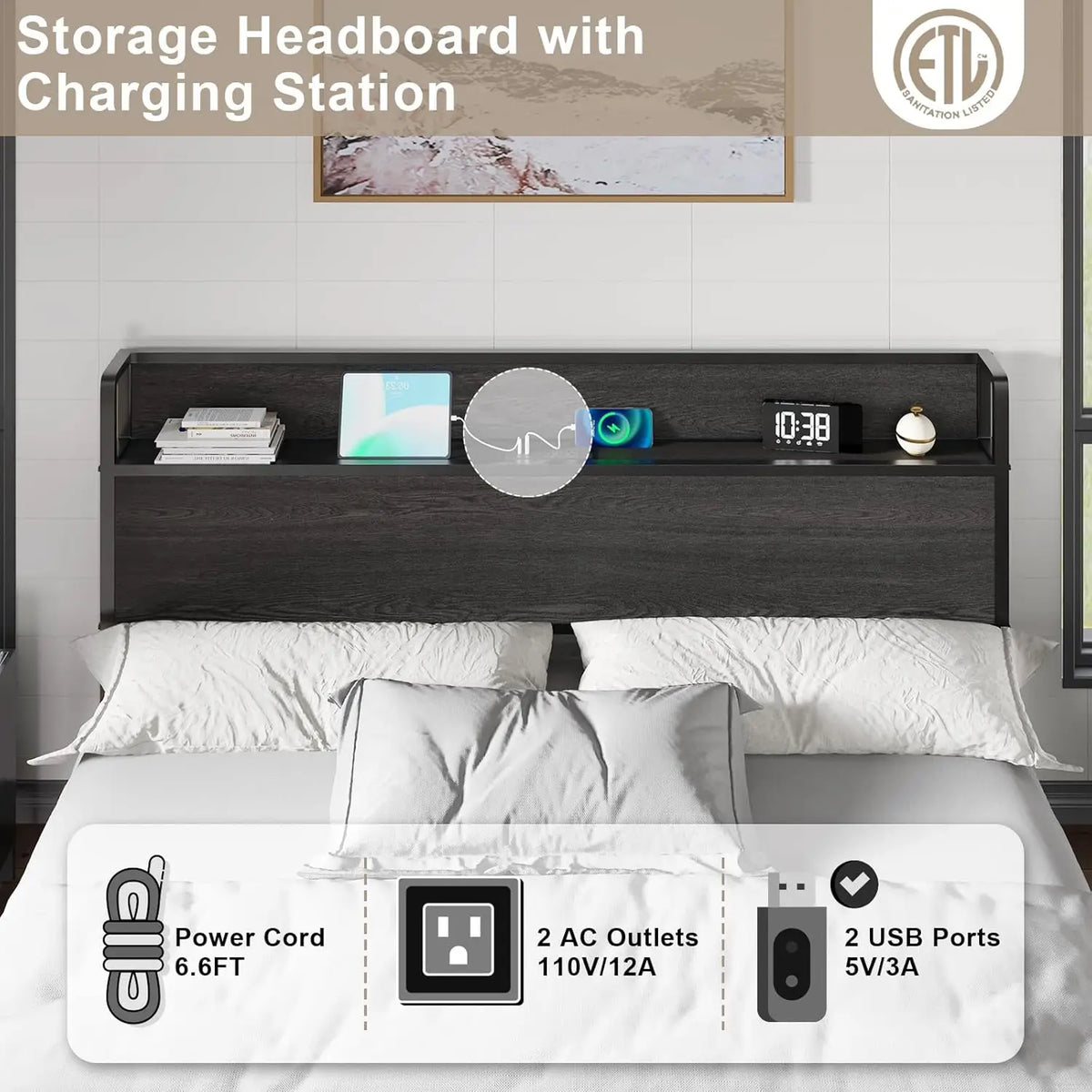 King Lift-Up Storage Bed Frame - Wooden Platform Bed with USB Charging, No Box Spring Required