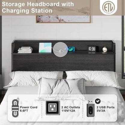 King Lift-Up Storage Bed Frame - Wooden Platform Bed with USB Charging, No Box Spring Required