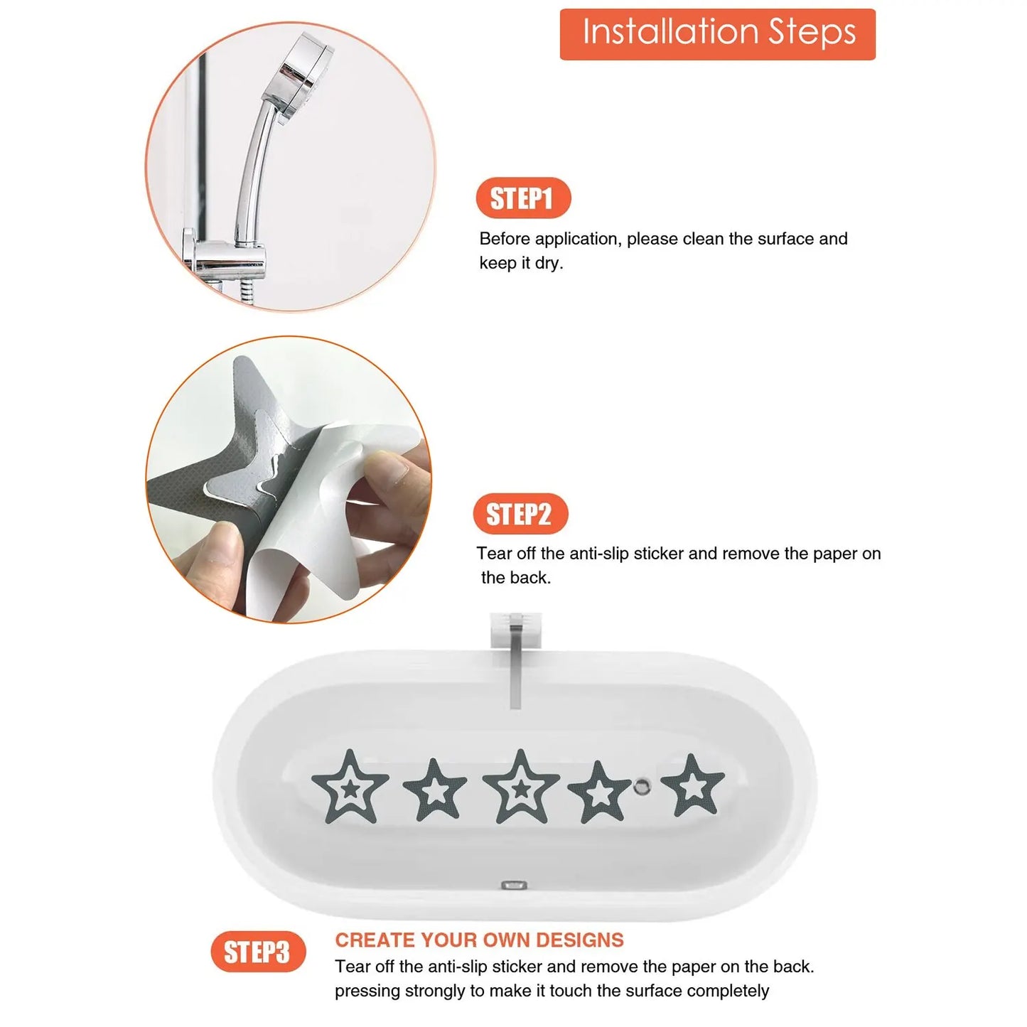 10PCS Anti-Slip Shower Tread Stickers - Safety Bathtub Strips, Premium Adhesive Star & Snowflake Decals for Bathtub, Shower & Stairs