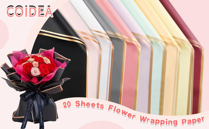 20 Sheets Matte Black Flower Wrapping Paper with Gold Edges – Waterproof Gift Wrap for DIY Wedding & Birthday Presents