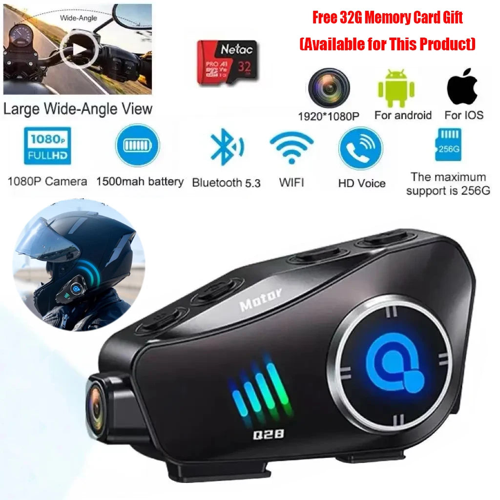Motorcycle Bluetooth Helmet Headset BT5.3 - HD 1080P Driving Recorder, Wireless Camera & Call Headset with Hard Disk Video Recorder