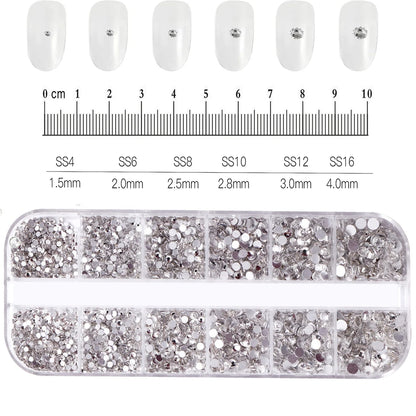 12-Grid Mixed Nail Rhinestones SS6-SS30 – Shiny Flat-Back Gems in Clear, Gold, Pink & Blue for Nail Art Decoration