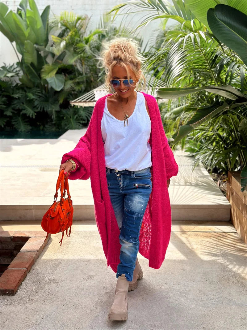 2024 Women’s Knitted Striped Cardigan – Elegant Loose Long Outerwear, Y2K Sweater Coat, Soft Cover-Up for Fashion Streetwear
