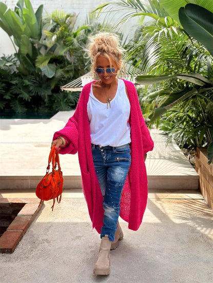 2024 Women’s Knitted Striped Cardigan – Elegant Loose Long Outerwear, Y2K Sweater Coat, Soft Cover-Up for Fashion Streetwear