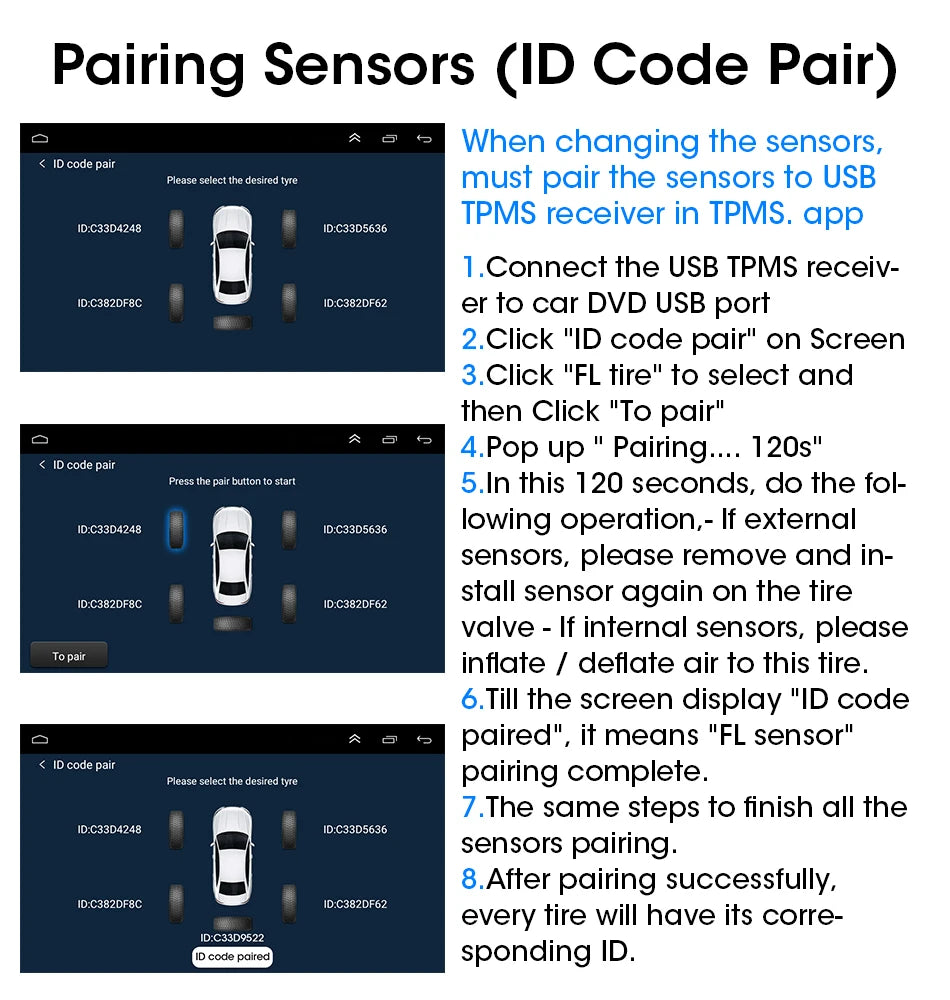 JMCQ USB Android TPMS Tire Pressure Monitoring System – 5 Internal/External Sensors with Display & Alarm for Car Navigation Radio