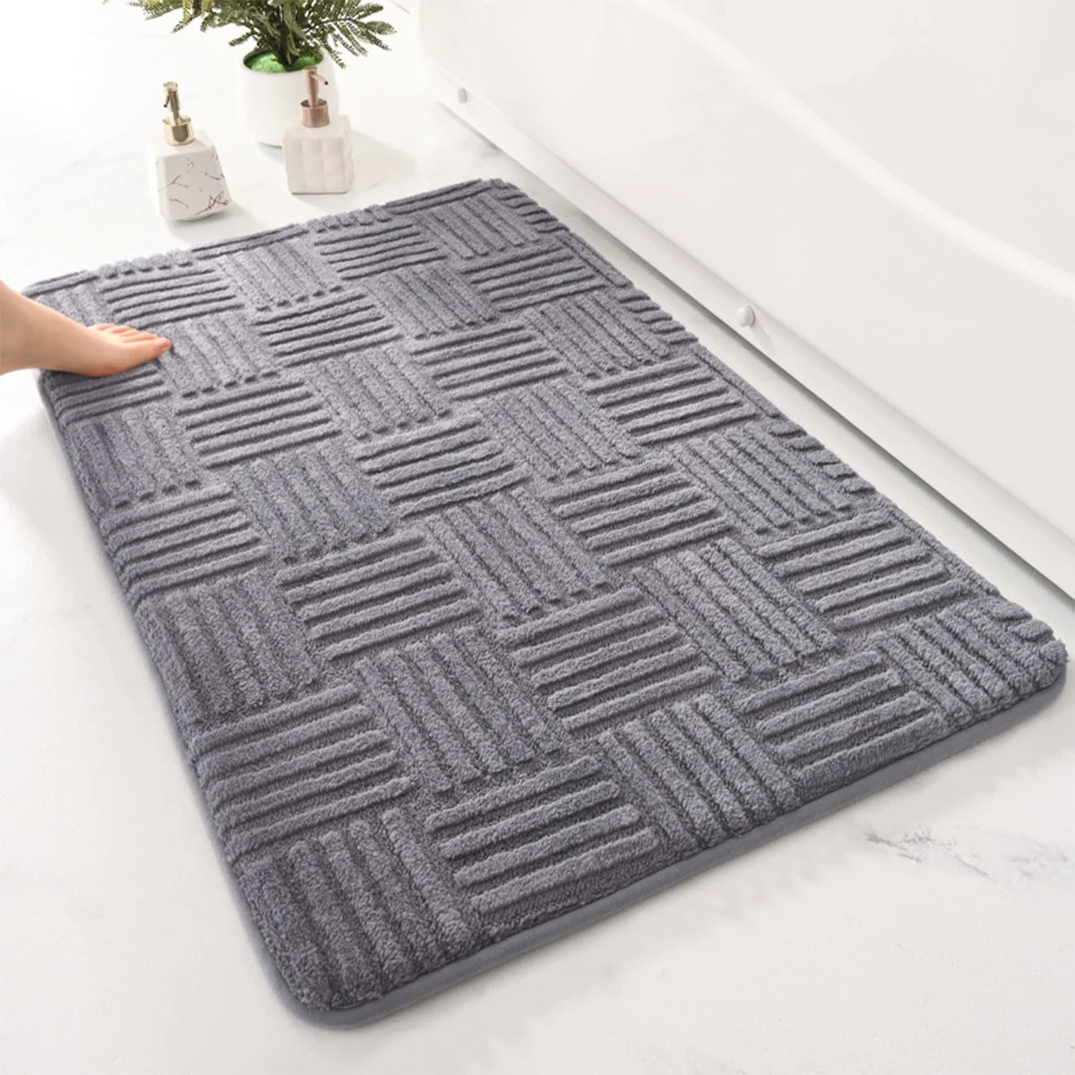 Thickened Absorbent Striped Floor Mat - Solid Color Non-Slip Cotton Velvet Bathroom & Bedroom Carpet