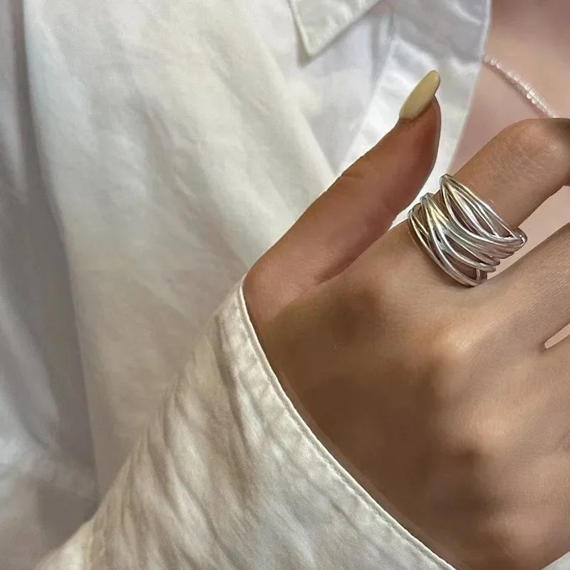 925 Sterling Silver Open Ring — Handmade Geometric Irregular Cross Lines for Women