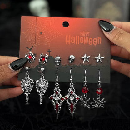 Halloween Crystal Skull Spider Drop Earrings - Gothic Red Crystal Cross and Rose Metal Earrings for Women