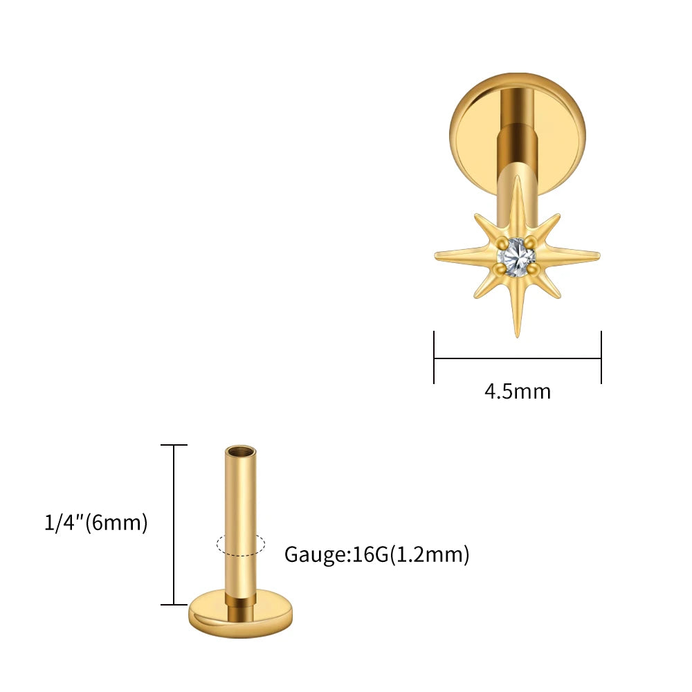 Right Grand ASTM F136 Titanium CZ North Star 16G Flat Back Earring – Tiny Starburst Helix, Cartilage & Earlobe Stud Piercing Jewelry
