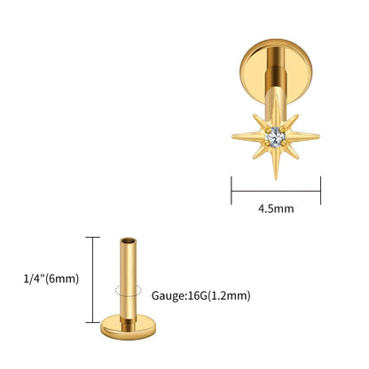 Right Grand ASTM F136 Titanium CZ North Star 16G Flat Back Earring – Tiny Starburst Helix, Cartilage & Earlobe Stud Piercing Jewelry