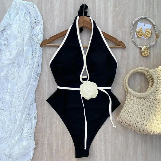2025 Women’s Floral Halter One Piece Swimsuit – Bandage Monokini Bathing Suit Beachwear