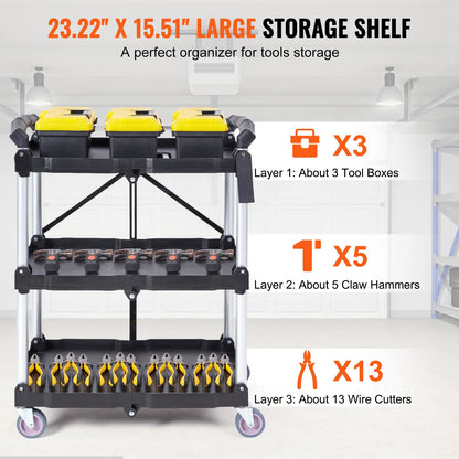 VEVOR 3-Tier Folding Rolling Utility Cart – Slim Storage Shelf & Slide Organizer for Kitchen & Bathroom