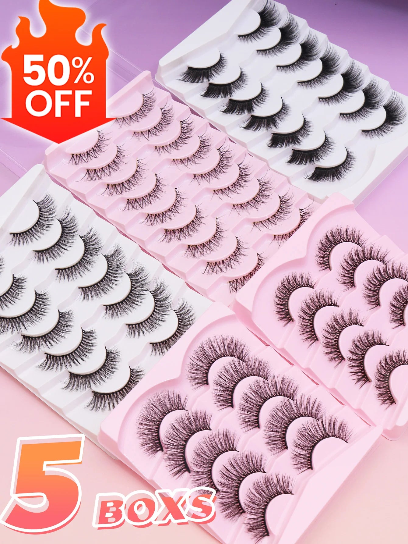 5 Pairs Cat Eye Faux Mink Eyelashes – Winged Long Natural Manga Style False Lashes Makeup Set