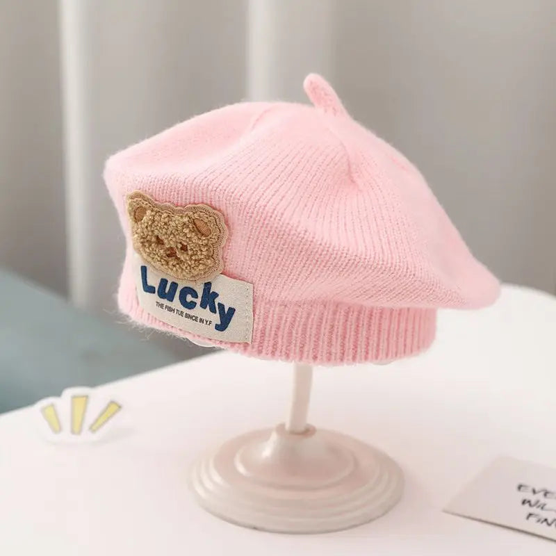 Flower Baby Beret Hat – Winter Warm Knitted Beanie for Infant & Toddler Girls, Korean Princess Artist Painter Cap Solid Color