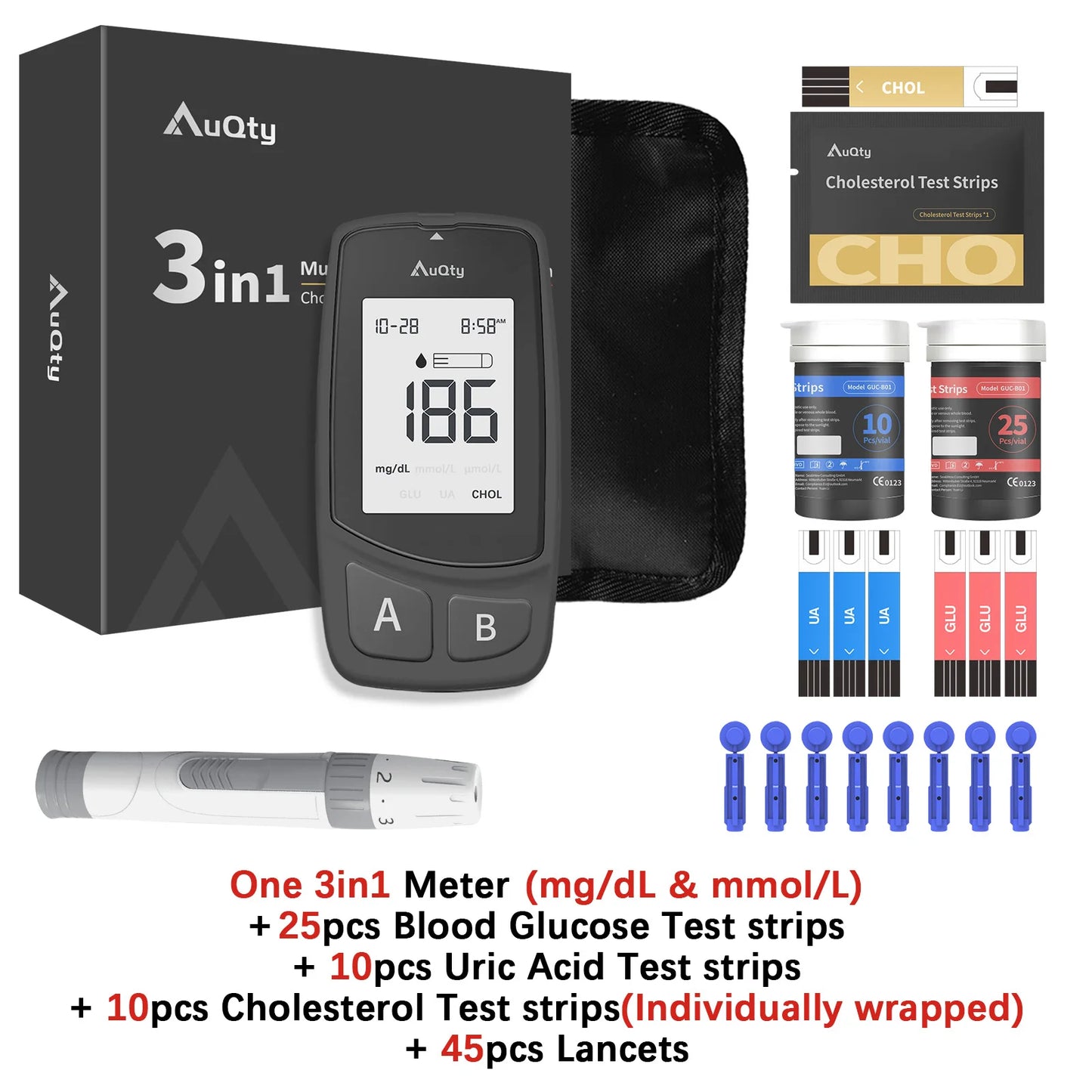 3-in-1 Multifunction Cholesterol, Uric Acid, and Blood Glucose Meter – Diabetes, Gout, and Blood Sugar Monitor with Test Strips