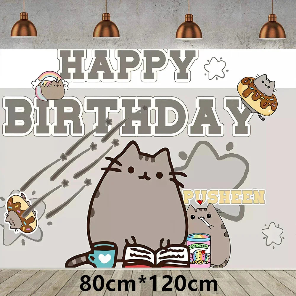 Pusheen Cat Birthday Party Decorations - Cartoon Pet Theme Balloons, Banner, Backdrop, Cake Topper, and Baby Shower Stickers