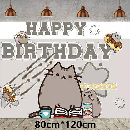 Pusheen Cat Birthday Party Decorations - Cartoon Pet Theme Balloons, Banner, Backdrop, Cake Topper, and Baby Shower Stickers