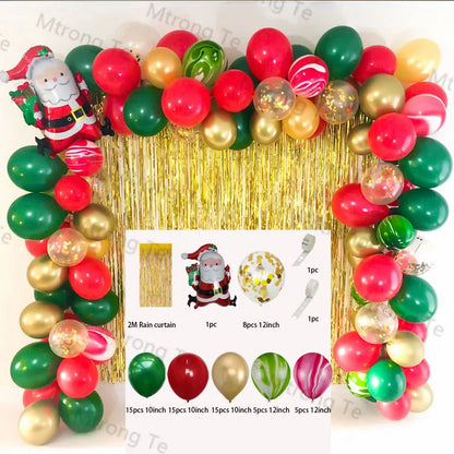 Christmas Balloon Garland Arch – Red & Green Balloons, Star, Santa, and Gift Box Foil Balloons for Xmas and New Year Decoration