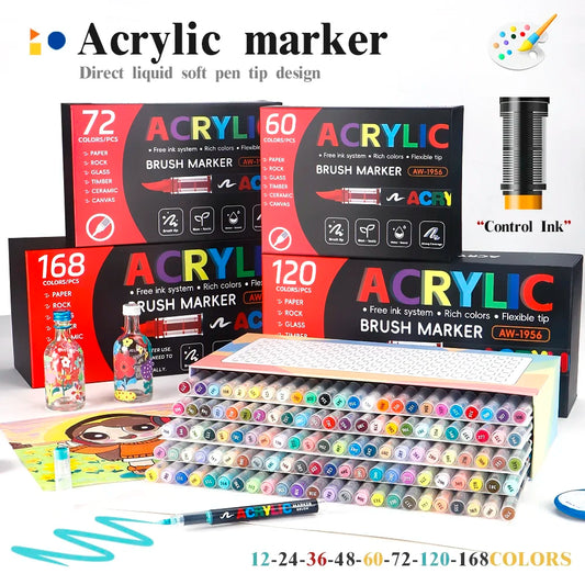 Acrylic Paint Marker Pens – 12–168 Colors Brush Tip for Rock, Wood, Canvas & Stone Painting, DIY Craft & Christmas Gift
