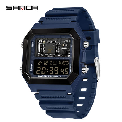 SANDA 6216 Men's Digital Sport Watch - Square LED Display, Waterproof Alarm & Stopwatch