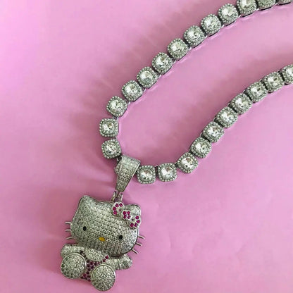Kawaii Hello Kitty Necklace – Anime Sanrio Hip Hop Diamond Pendant with Cuba Chain, Cute Cartoon Jewelry Gift for Men & Women
