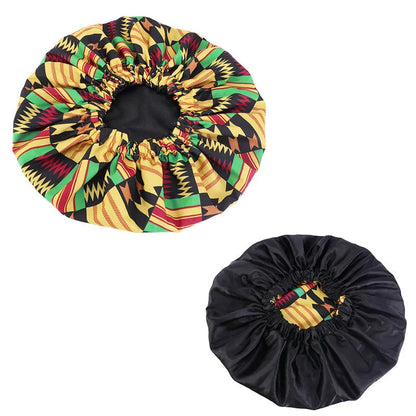 Women’s Double-Layer Satin Bonnet - African Ankara Floral Print Adjustable Reusable Sleep Cap for Hair Care