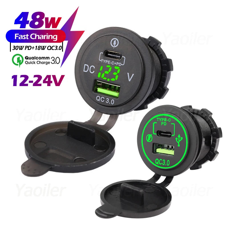 48W Quick Charge 3.0 Waterproof USB Car Charger 12V/24V PD Type-C + QC3.0 Dual USB Fast Charging Socket with LED Voltmeter for Cars, Trucks & Boats