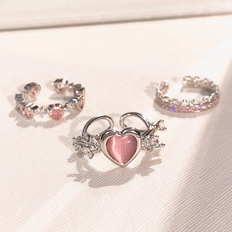 3PCS Heart Zircon Open Ring Set - Y2K Gothic Fashion Jewelry Accessories for Women & Girls