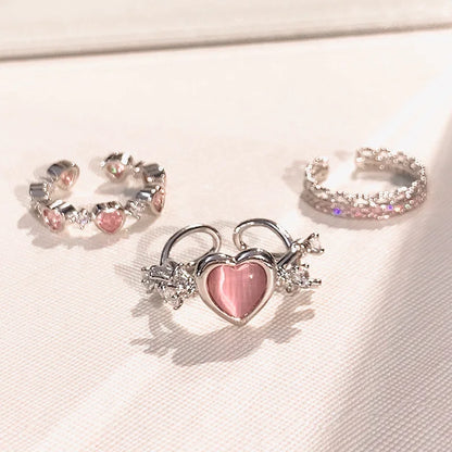 3PCS Heart Zircon Open Ring Set - Y2K Gothic Fashion Jewelry Accessories for Women & Girls