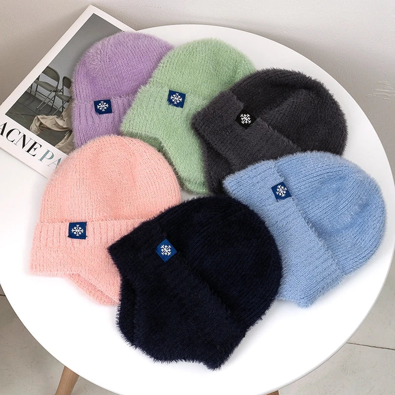Women’s Earflap Winter Hat – Candy Color Faux Fur Knit Beanie, Kpop Style Streetwear Cap