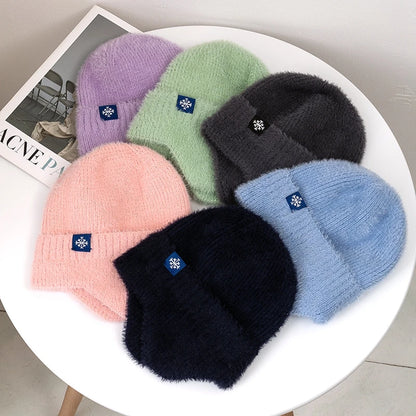 Women’s Earflap Winter Hat – Candy Color Faux Fur Knit Beanie, Kpop Style Streetwear Cap