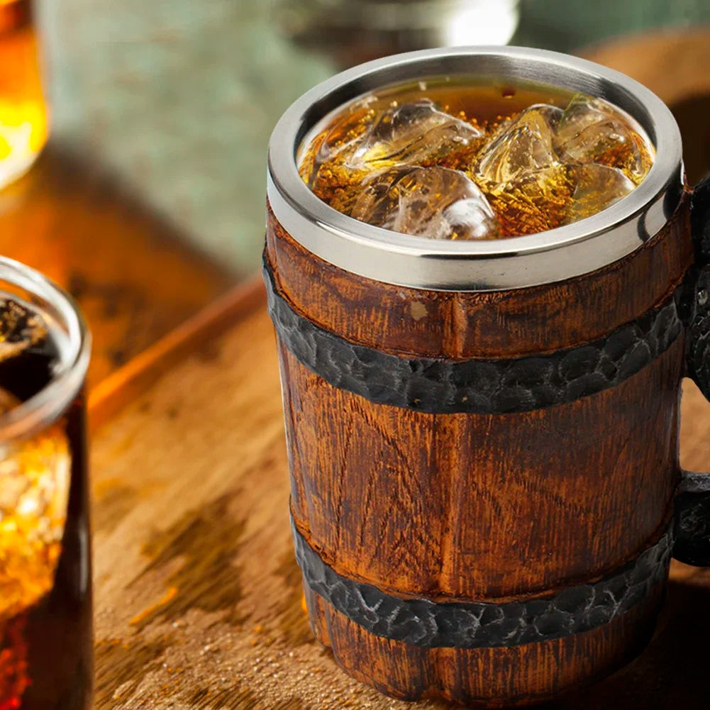 Viking-Style Wooden Beer Mug – Insulated Metal Barrel Cup for Drinks (1PCS)
